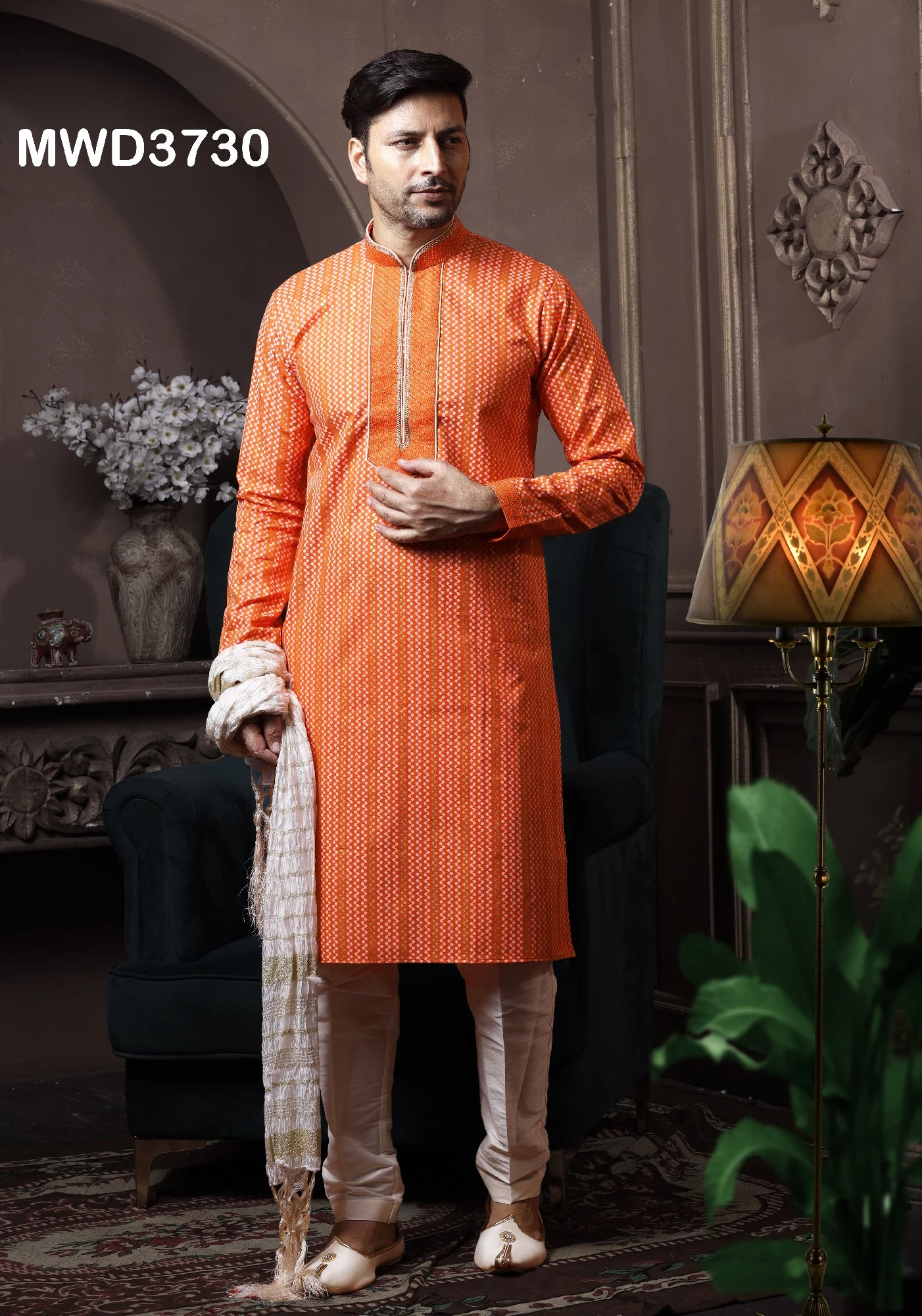 Orange Mens Printed Kurta Pajama Set, 36-1.webp